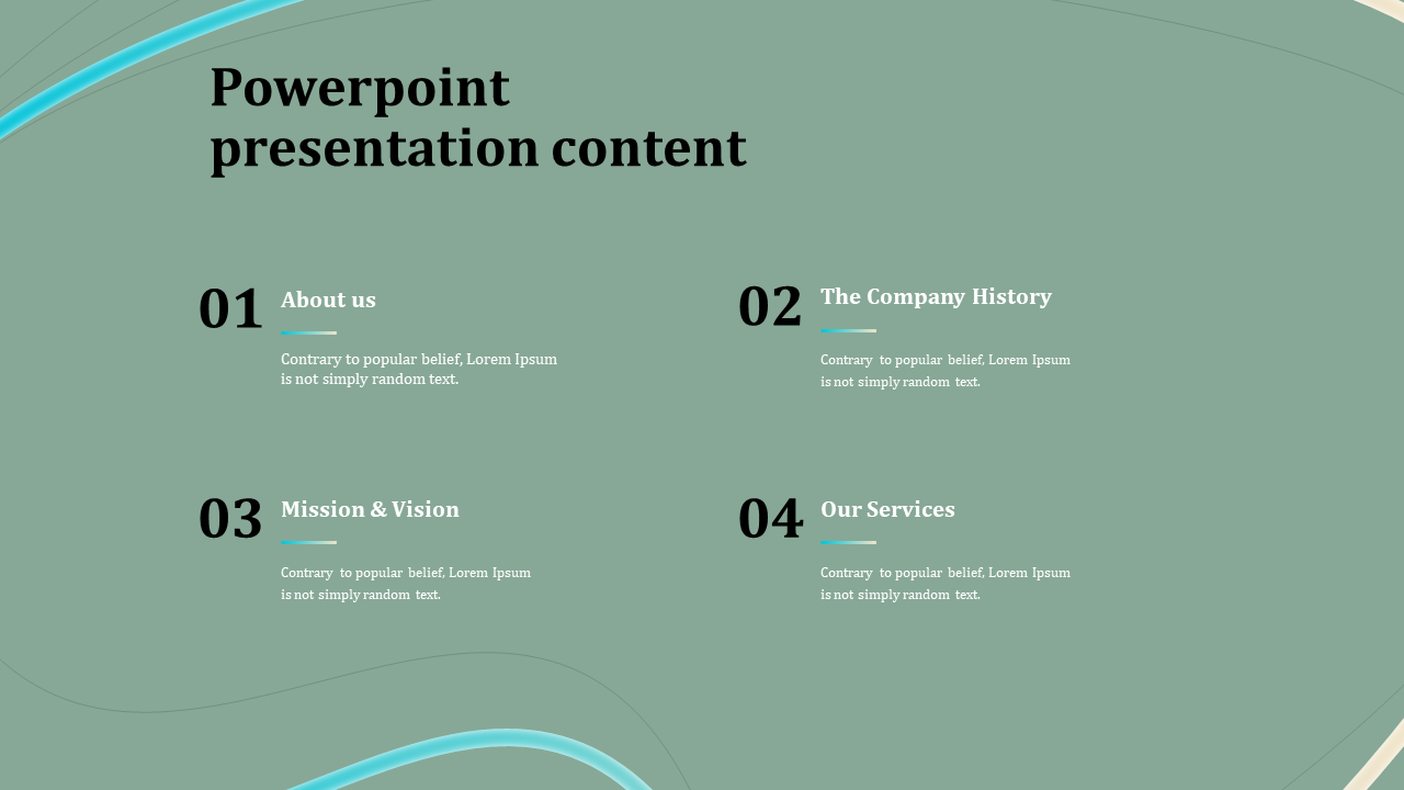 Slide displaying four content sections with bold numbers and blue underlines, on a smooth green backdrop.