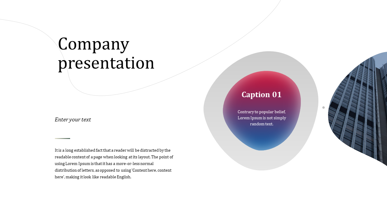 Company presentation slide featuring a professional office building with dynamic geometric shapes and placeholder text.