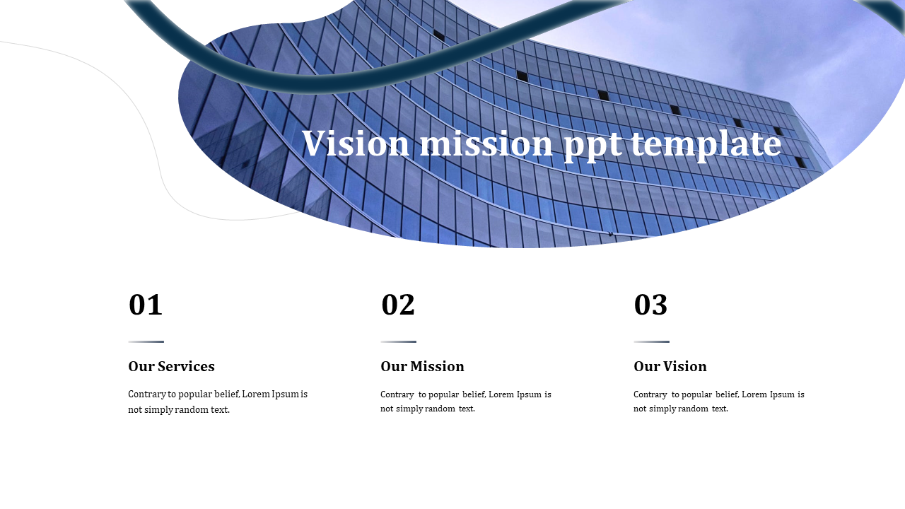 Professional business setting with sleek glass buildings for Vision and Mission PPT slide.