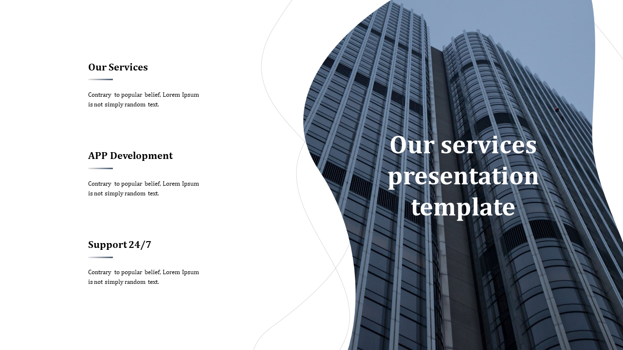 Services presentation template featuring key offerings in three sections with a sleek building image.