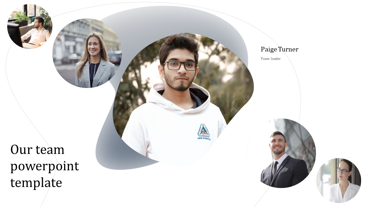 Our team template featuring a central leader portrait with four surrounding team member images in circular frames.