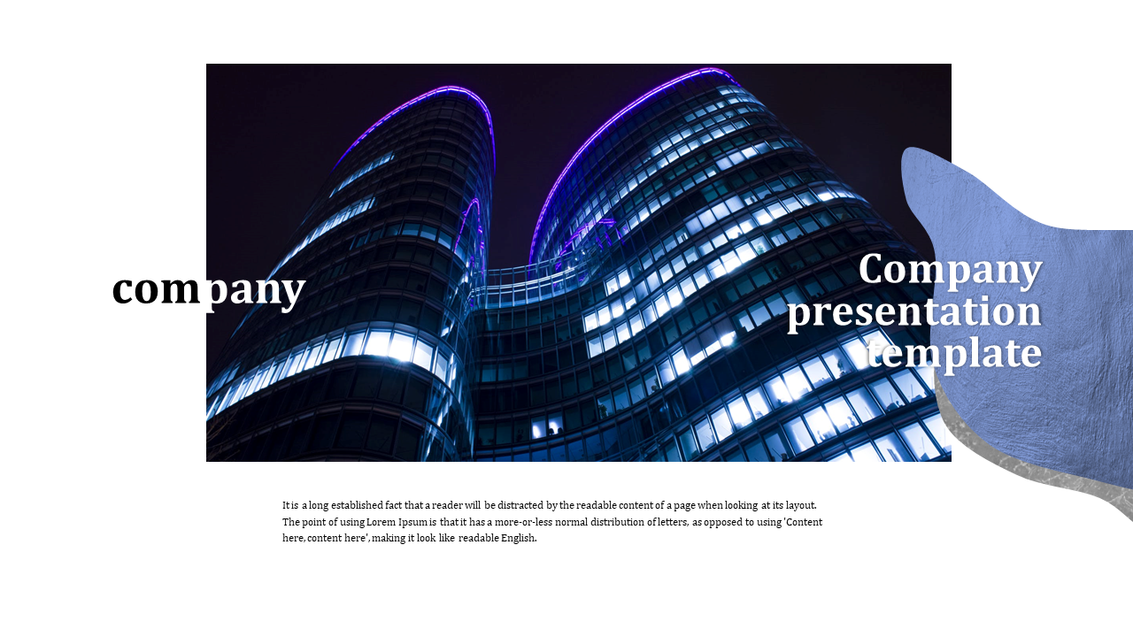 Company presentation slide featuring a modern glass building with blue lights and bold typography.