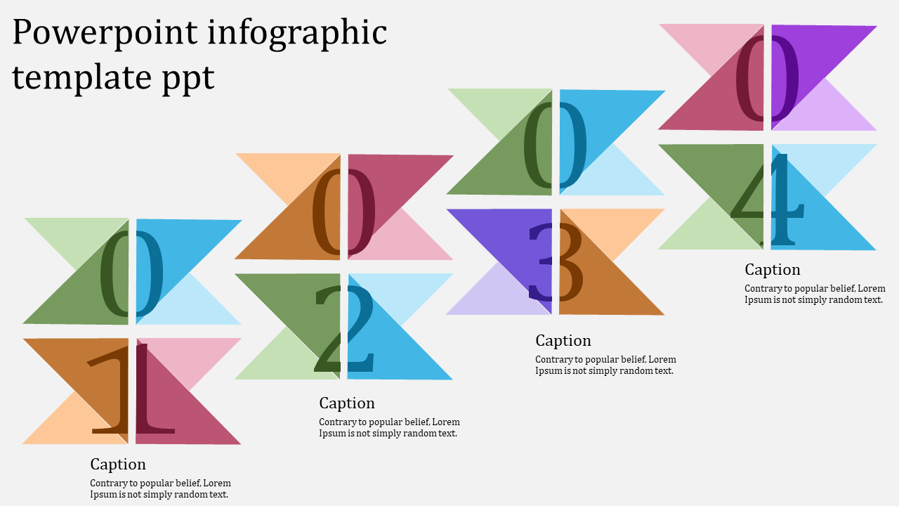 Infographic featuring four numbered sections made of triangular color blocks arranged in a structured, modern layout.