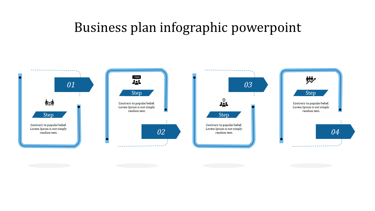 Business plan infographic template with four steps with numbered icons and placeholder text.