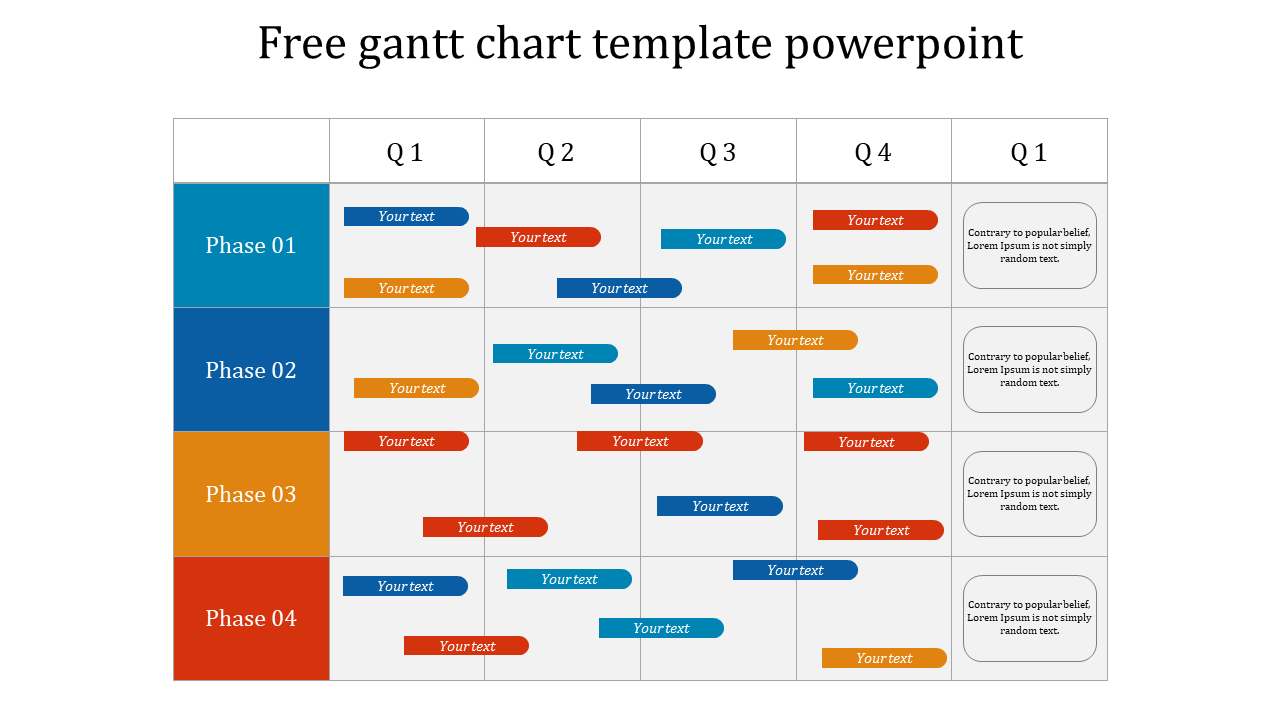 Color-coded Gantt chart template for project management, displaying four phases across quarters with colorful text boxes.