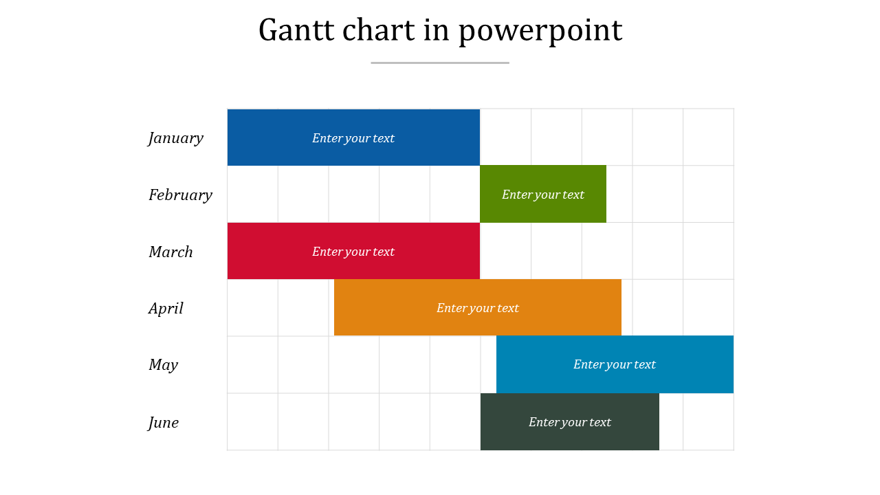 Six month Gantt chart with bars in blue, green, red, orange, and teal, arranged for task tracking.