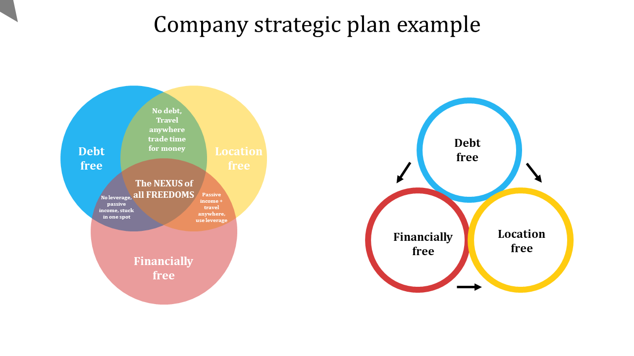 Company strategic plan example slide featuring two Venn diagrams with descriptive text in the overlapping sections.