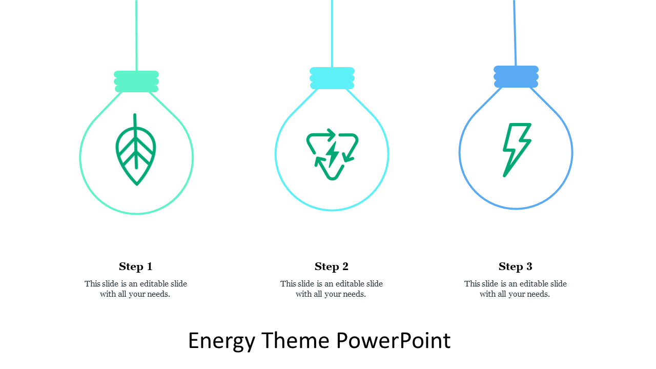 PowerPoint slide with three lightbulbs representing energy themes renewable energy, recycling, and electricity.