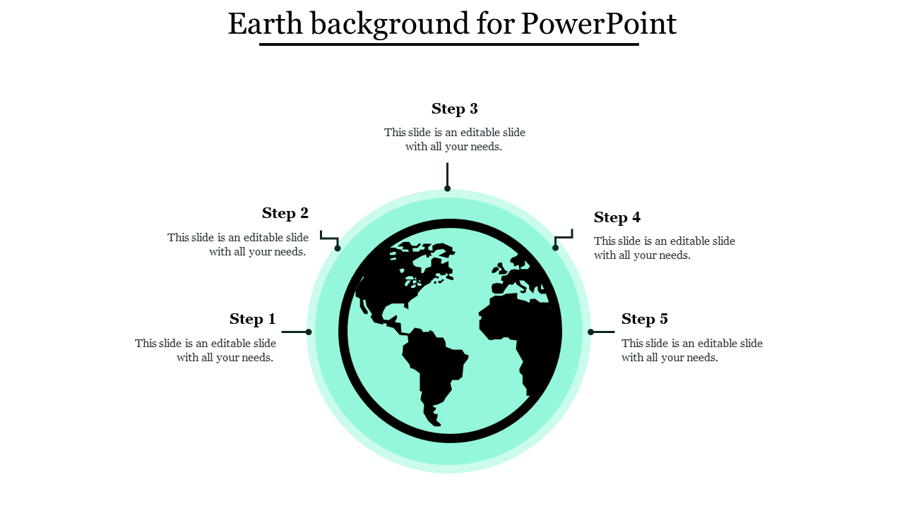 Slide featuring a circular Earth map in a teal frame, surrounded and connected by thin lines five placeholder text areas.