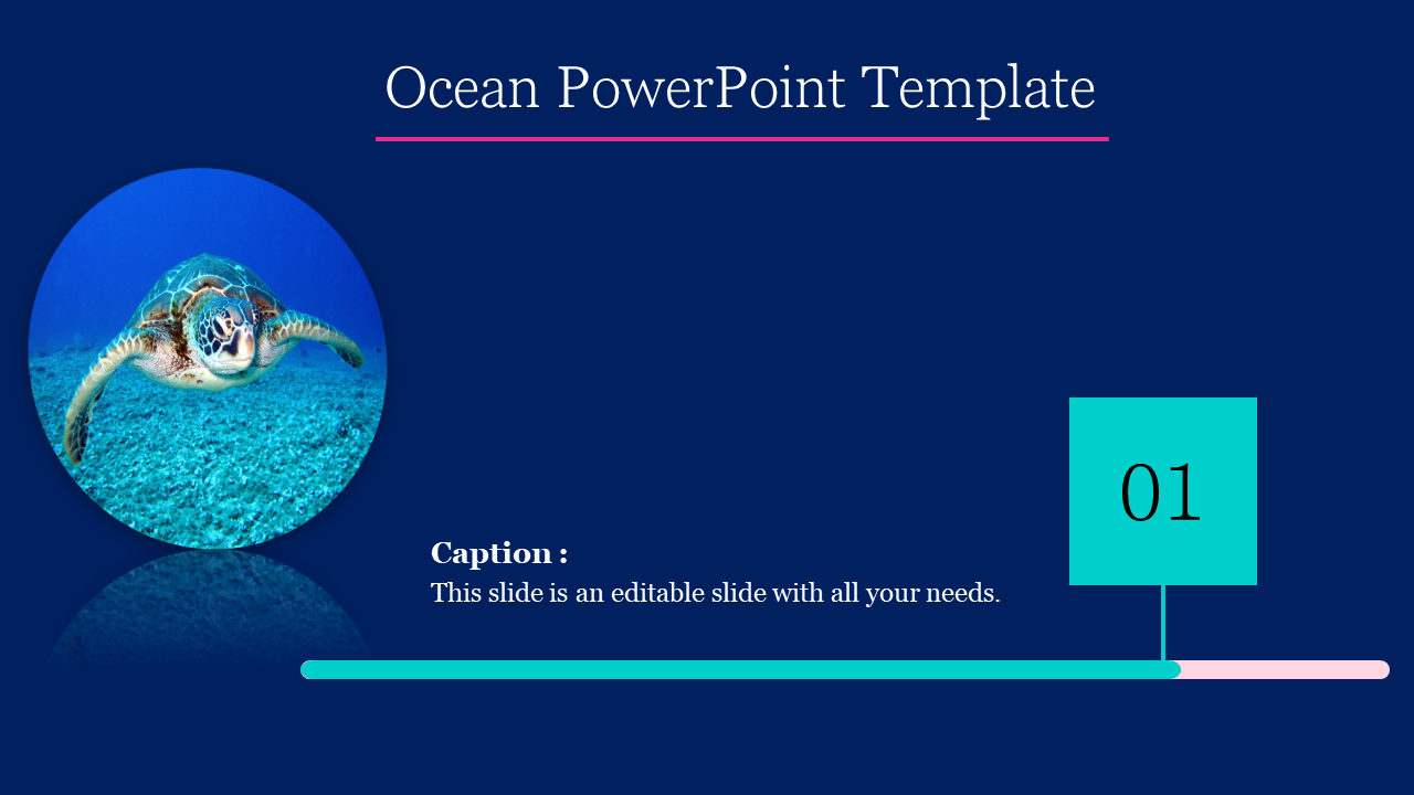 Ocean PowerPoint template with a sea turtle image and a blue themed design for marine topics.