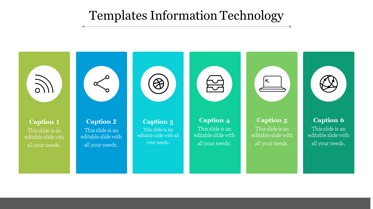 Information technology slide with six vertical panels featuring icons like Wi Fi, sharing, and laptop, paired with captions.