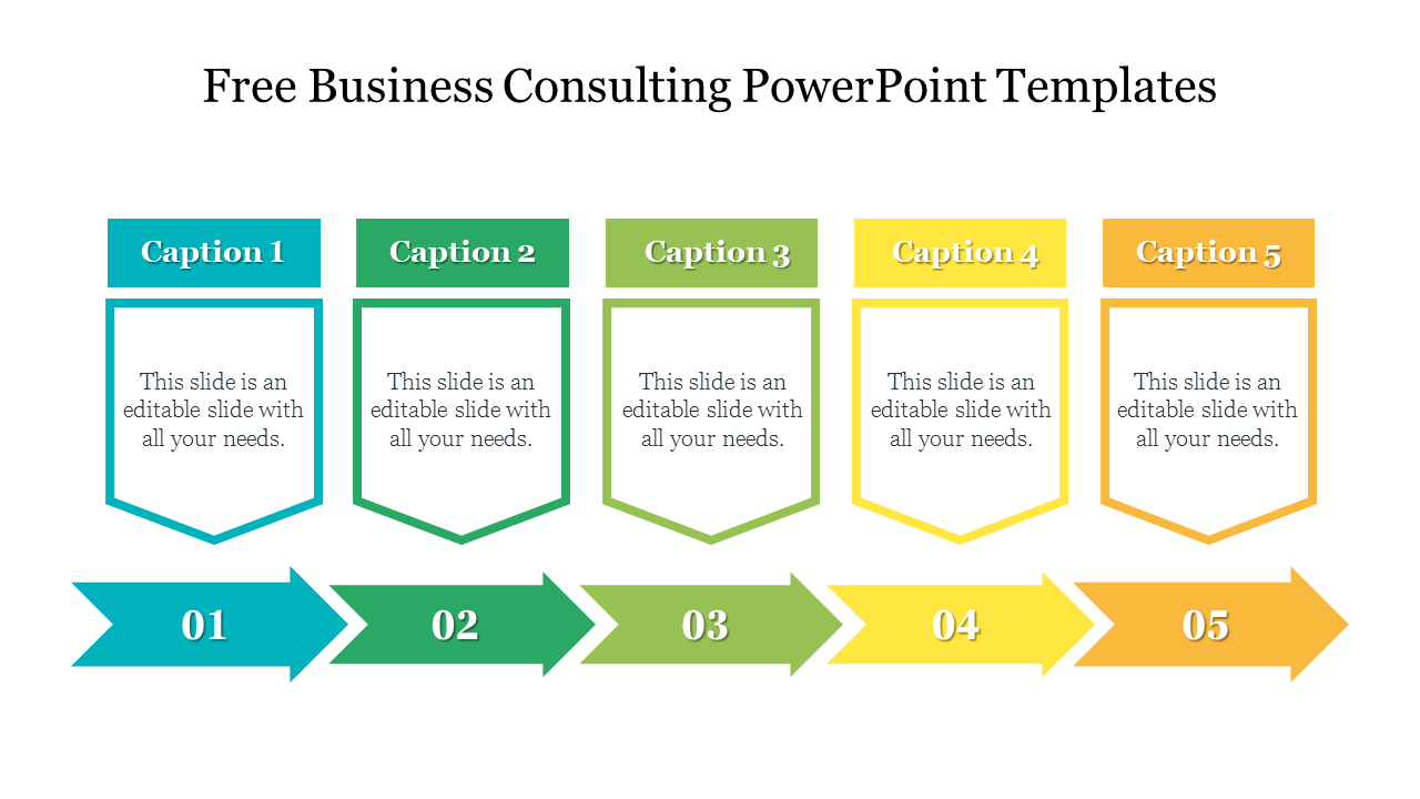 Business consulting slide with five sections and arrows indicating a sequence with placeholder text.