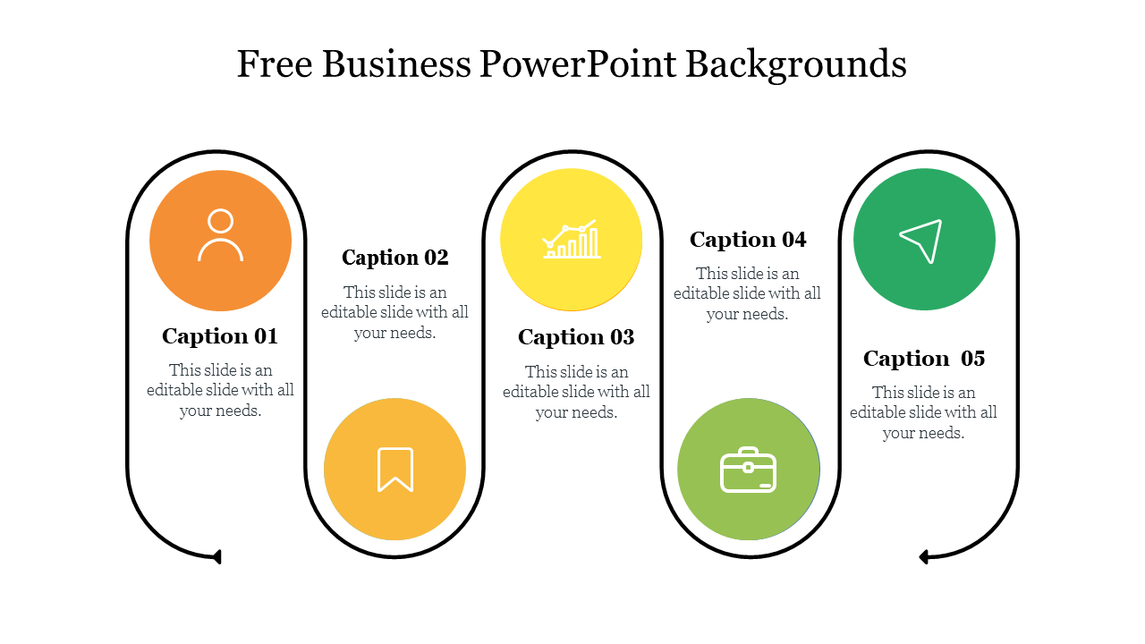 Five-step business diagram with circular icons connected by curved arrows, each labeled with caption areas.