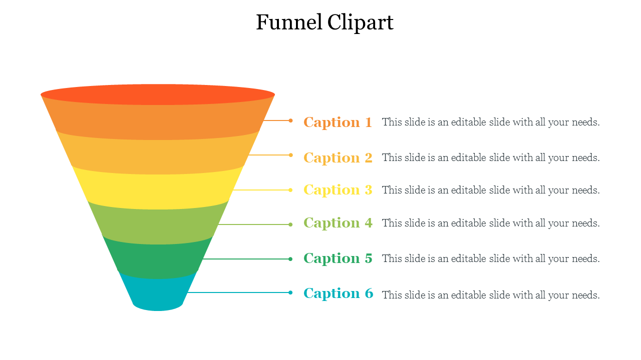 Colorful funnel graphic with six labeled segments in orange to green gradient, each paired with placeholder text.