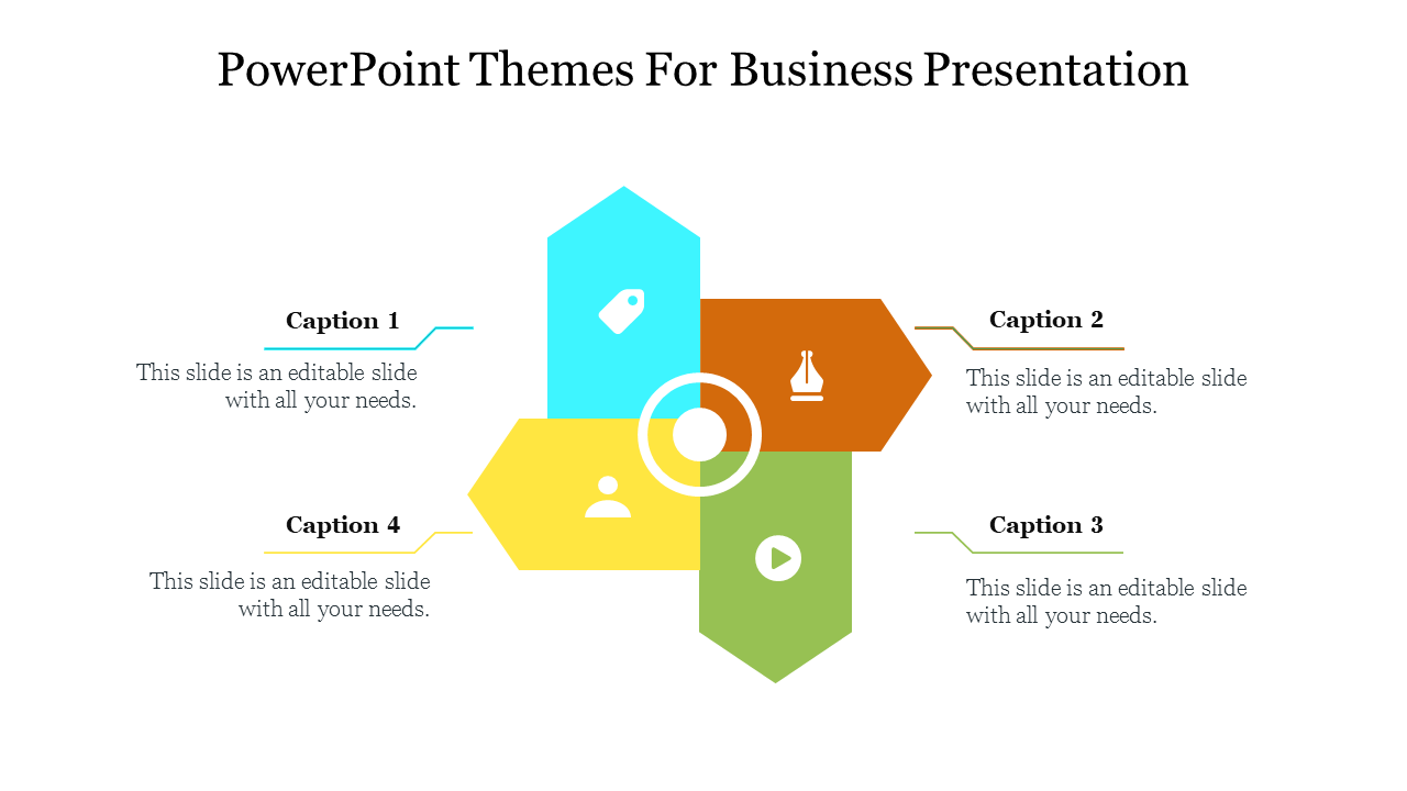 Colorful hexagonal business infographic with four sections, icons, and text captions for business PowerPoint presentations.