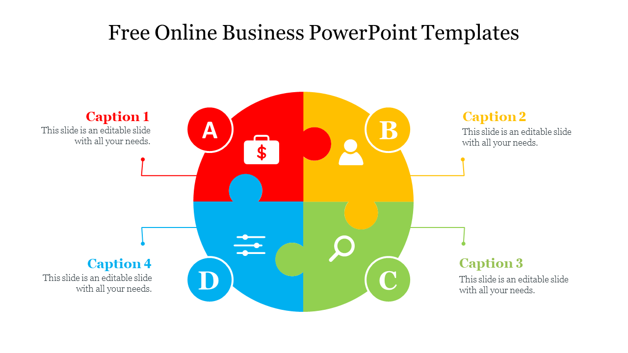 Circular puzzle diagram divided into four colorful sections, labeled A to D, each featuring business-related icons.