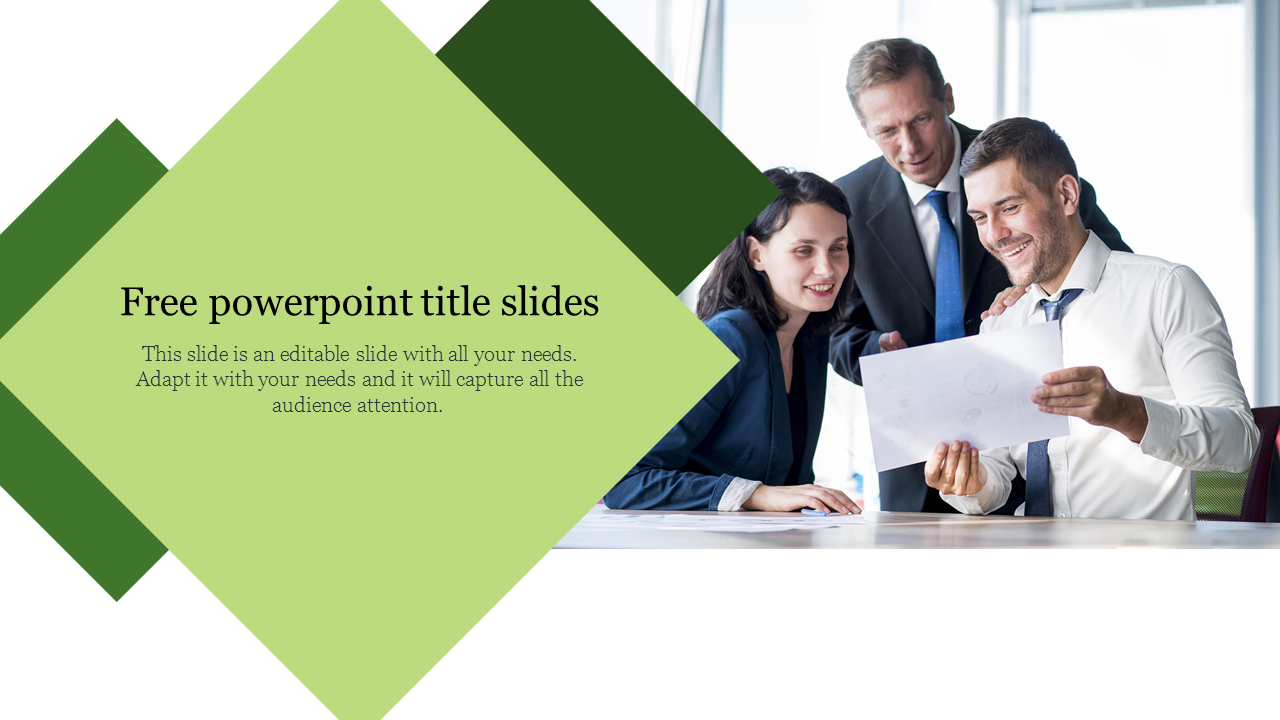 Green geometric overlay on the left with a title and text, while three professionals in business attire review a document.