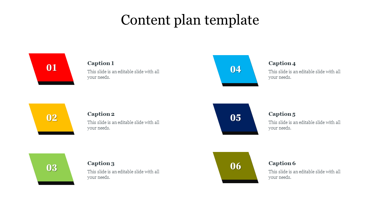 Content plan template with six colorful numbered blocks 01 to 06, each with a caption, arranged in two columns.