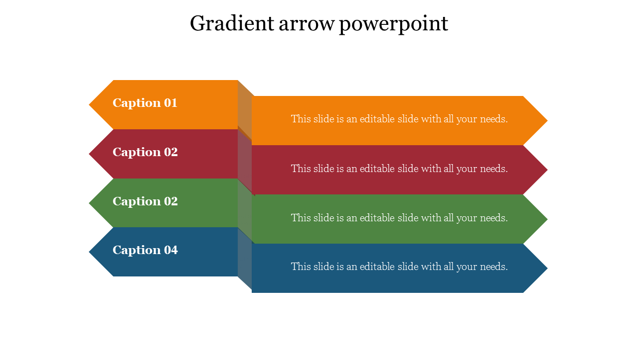 PowerPoint slide with four gradient arrows, each labeled with captions and text sections.