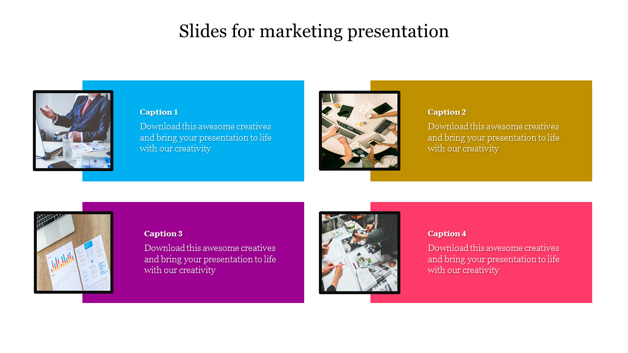 Marketing slide with four photo boxes, each with a placeholde text areas in vibrant color backgrounds.