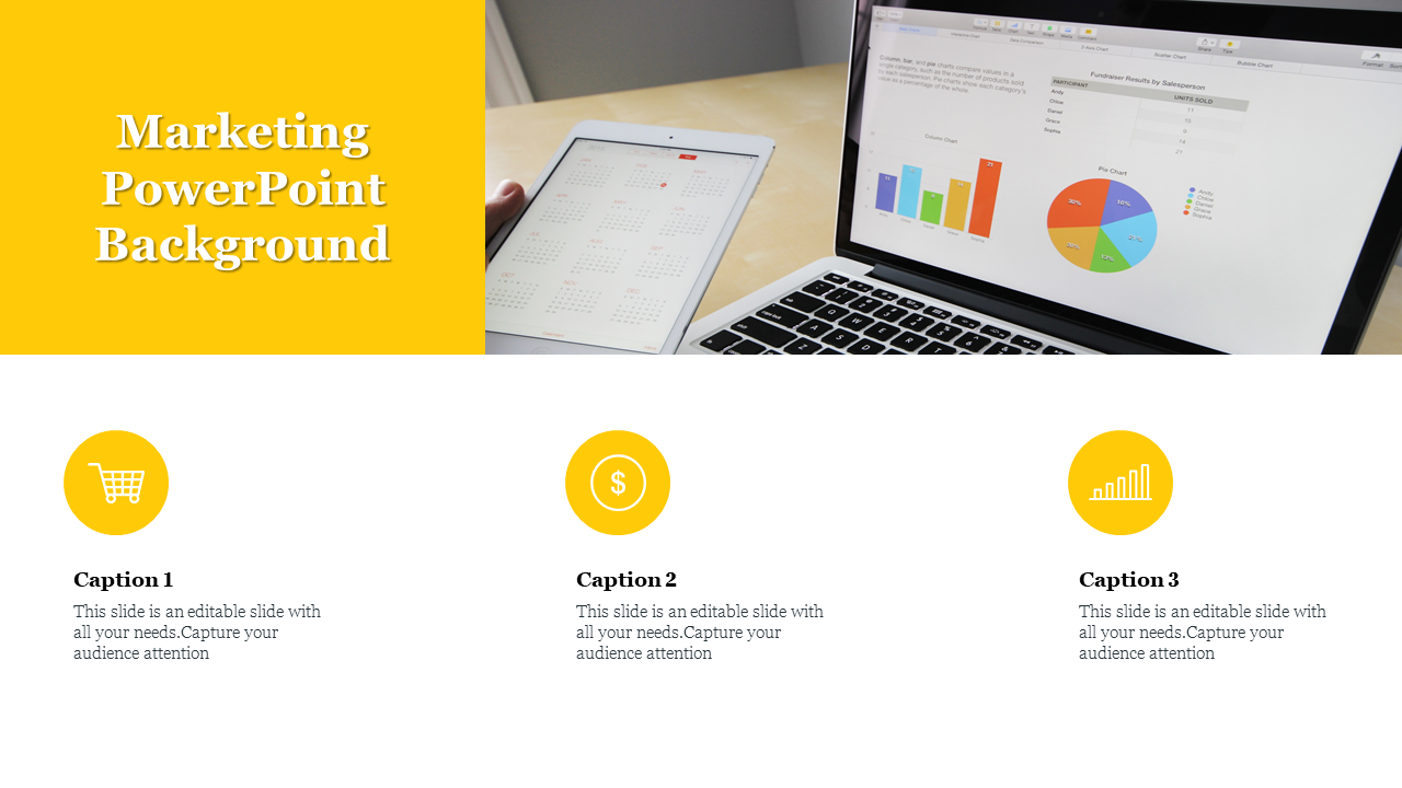 Slide with a yellow header, three circular icons with corresponding captions, and an image of charts on a laptop.