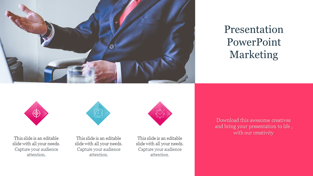 Business marketing PowerPoint slide featuring a professional in a suit gesturing during a meeting with color coded icons.