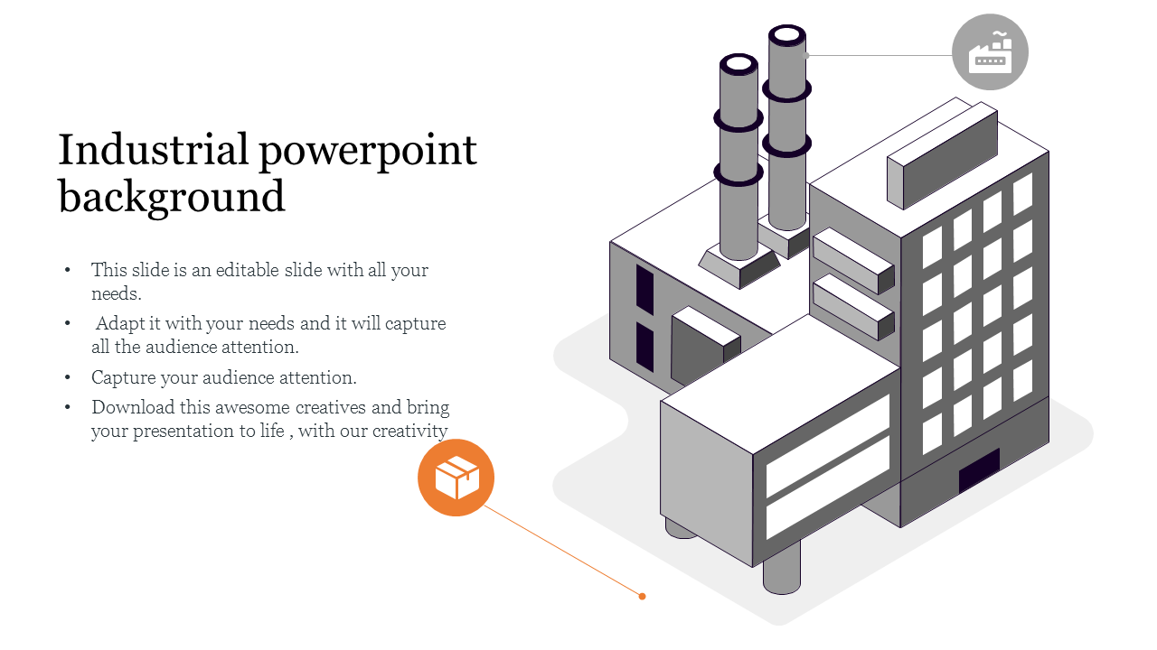 Industrial background slide featuring a 3D illustration of a factory with smokestacks and various structures with text area.