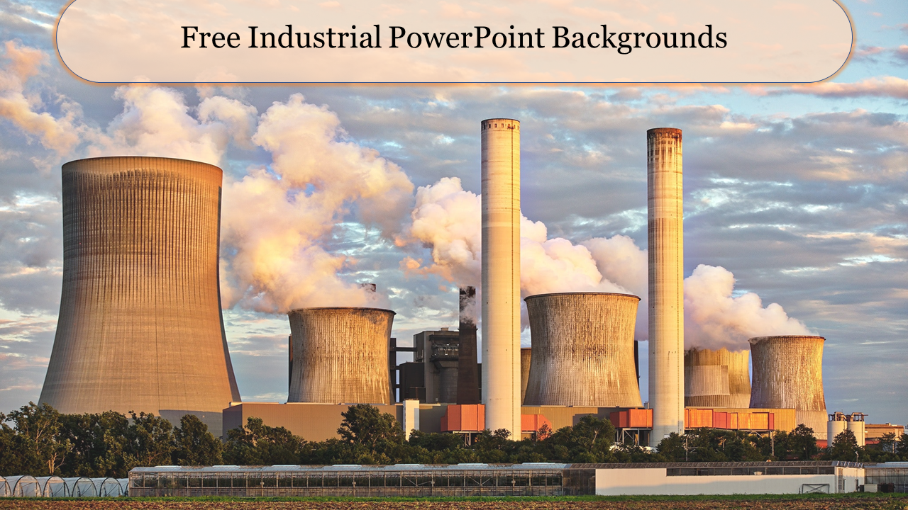 Industrial PowerPoint background slide featuring factory cooling towers releasing smoke under a vibrant sky.