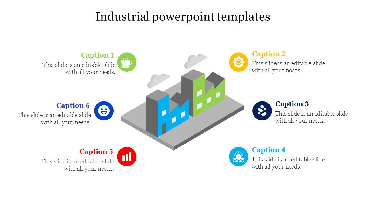 Industrial PowerPoint slide featuring a 3D factory design with six captions and icons on a white backdrop.