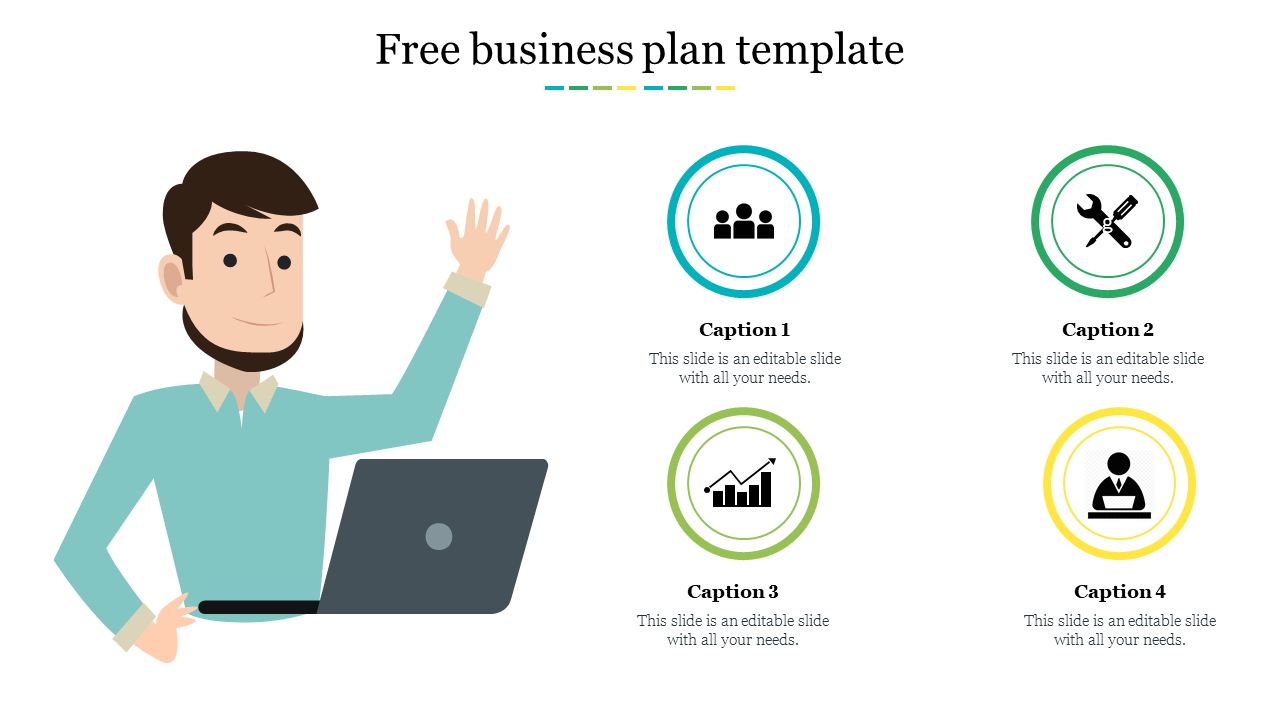 Business plan PowerPoint template featuring a character with analysis, teamwork, and growth icons with captions.