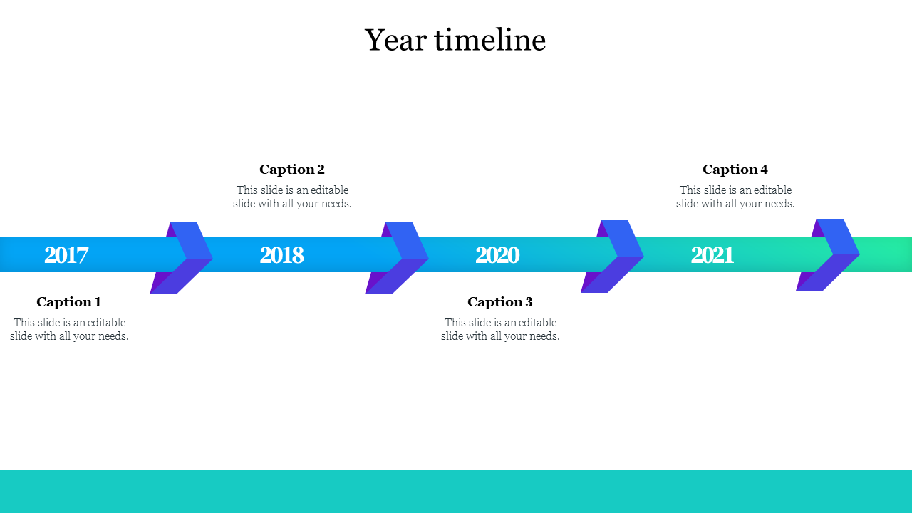 A horizontal timeline from 2017 to 2021 with captions below and above each year in a gradient blue and purple design.