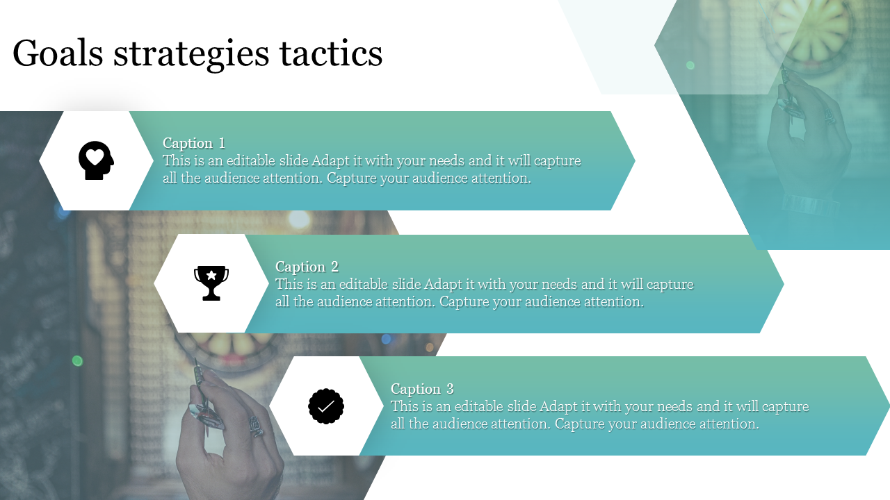 Three teal hexagonal banners with icons for goals, strategies, and tactics, each containing captions.