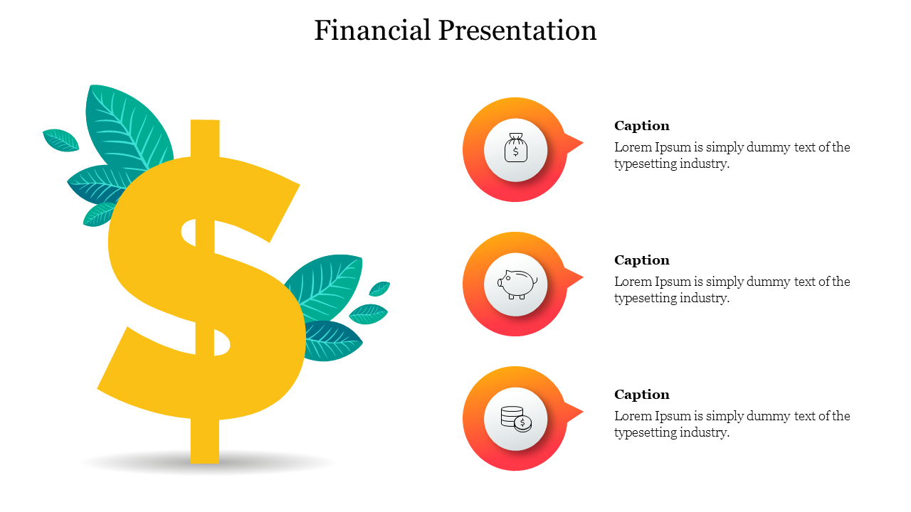 Financial presentation slide featuring a large golden dollar sign with green leaves and three infographic elements.