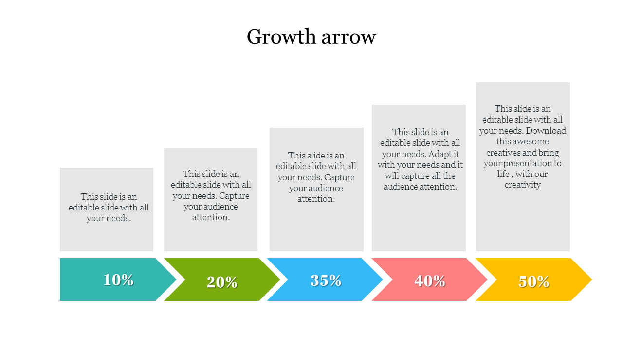 Slide design featuring a growth arrow with five colored blocks, each containing a text placeholder, showing percentages.