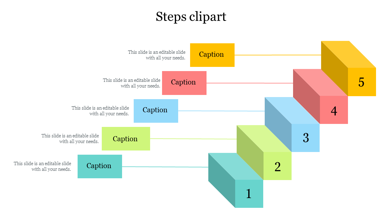 Five multicolored steps with numbers, each linked to a caption on the left, forming a staircase like layout.