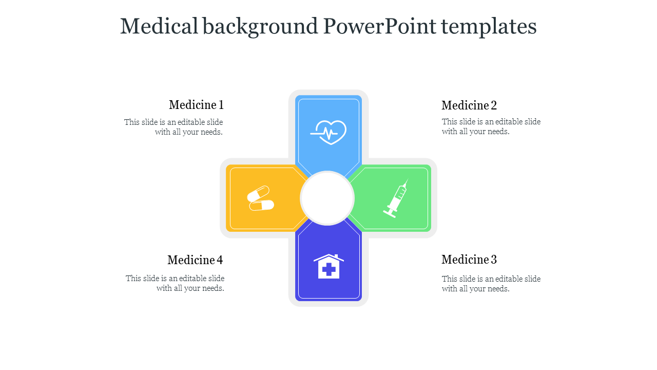 Medical slide with four colored blocks in blue, yellow, green, and purple, arranged in a cross, each with healthcare icon.