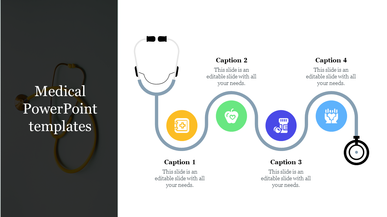 Medical-themed slide with a stethoscope graphic connecting four circular icons representing medical services.