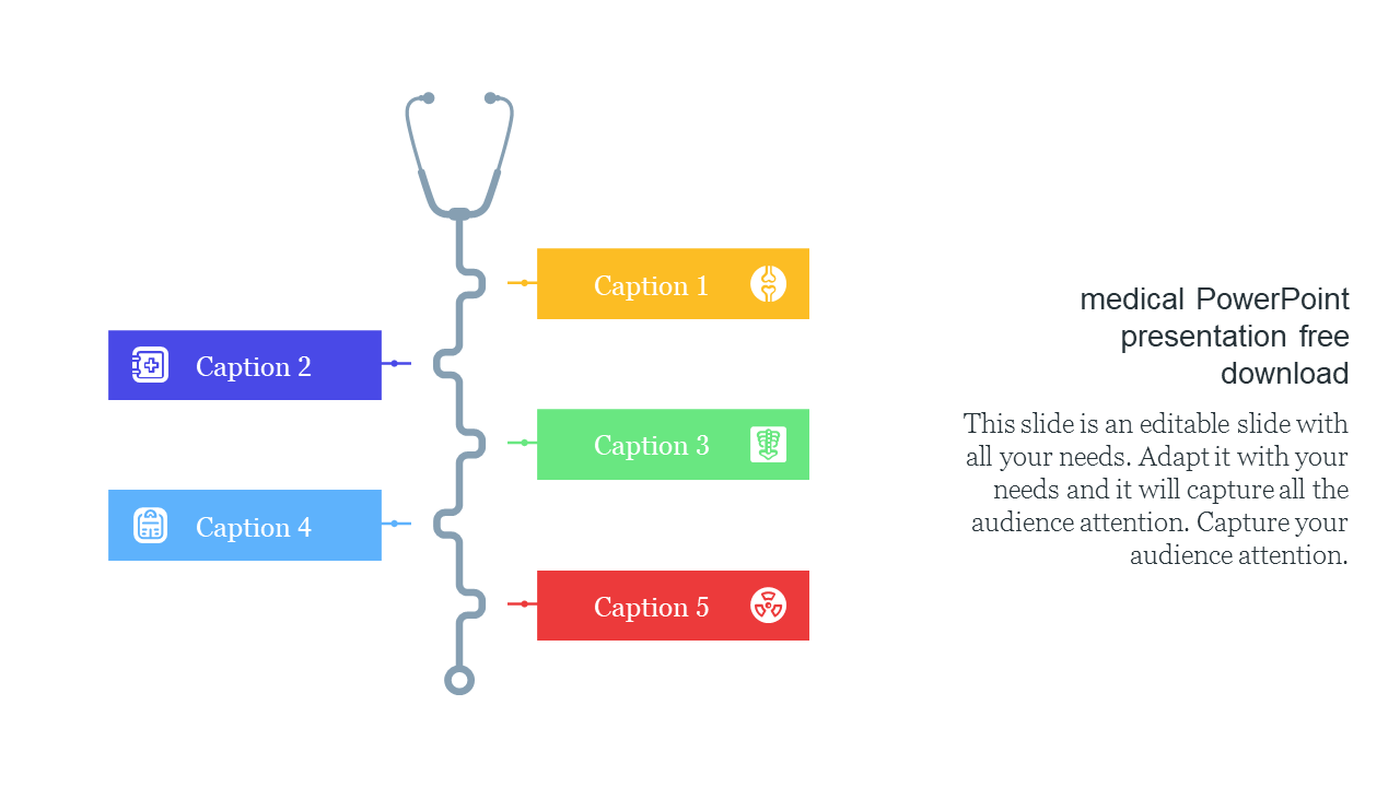 Medical themed slide with colorful boxes in yellow, purple, green, blue, and red, connected by a stethoscope graphic.