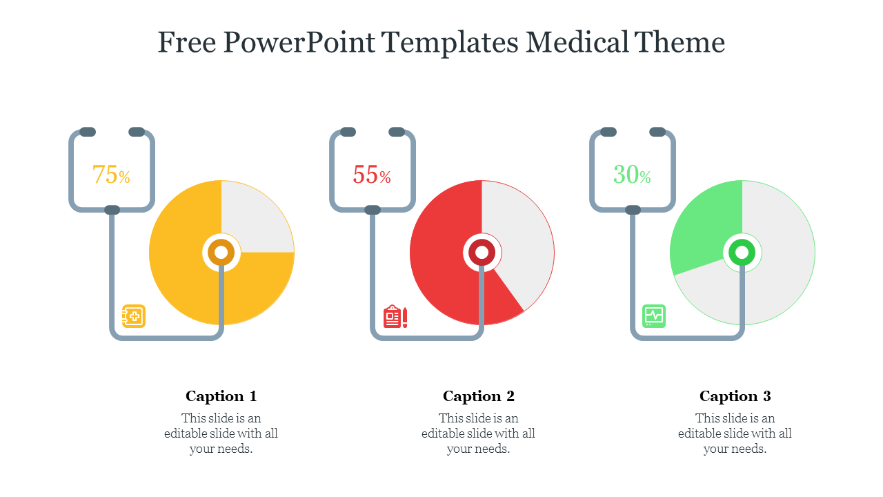 A medical themed PowerPoint slide with three colorful circular progress bars showing percentages, each with related icons.