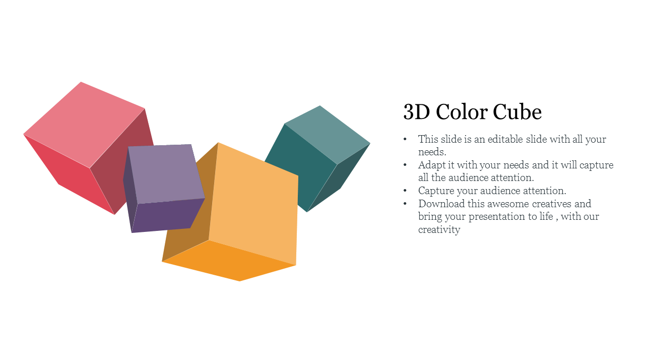 3D cubes in orange, pink, teal, and purple positioned diagonally on a white background with placeholder text areas.