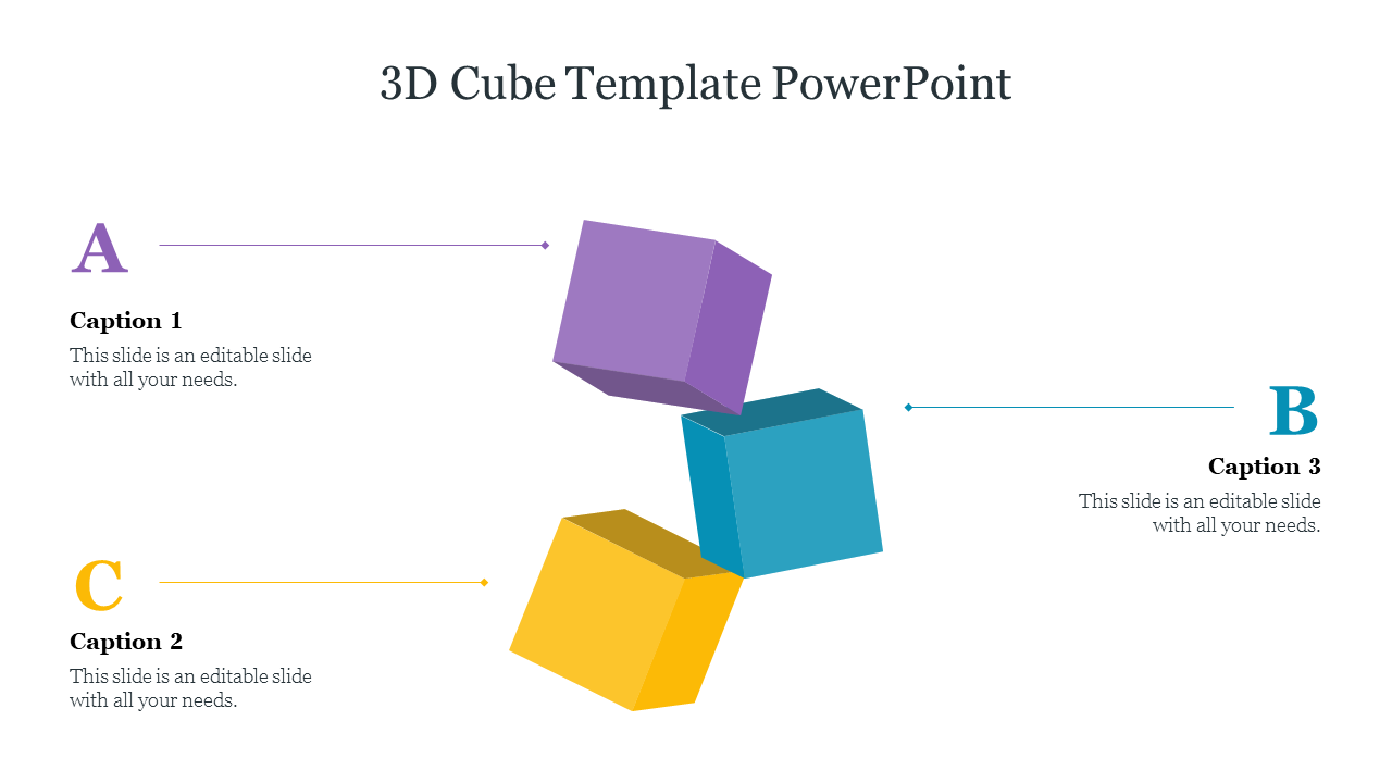 A 3D cube PPT template with three colorful cubes and text sections labeled A, B, and C with captions on a white backdrop.