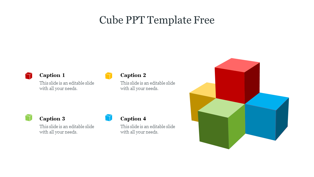 A vibrant cube PPT template showcasing four colorful cubes, each accompanied by a caption.