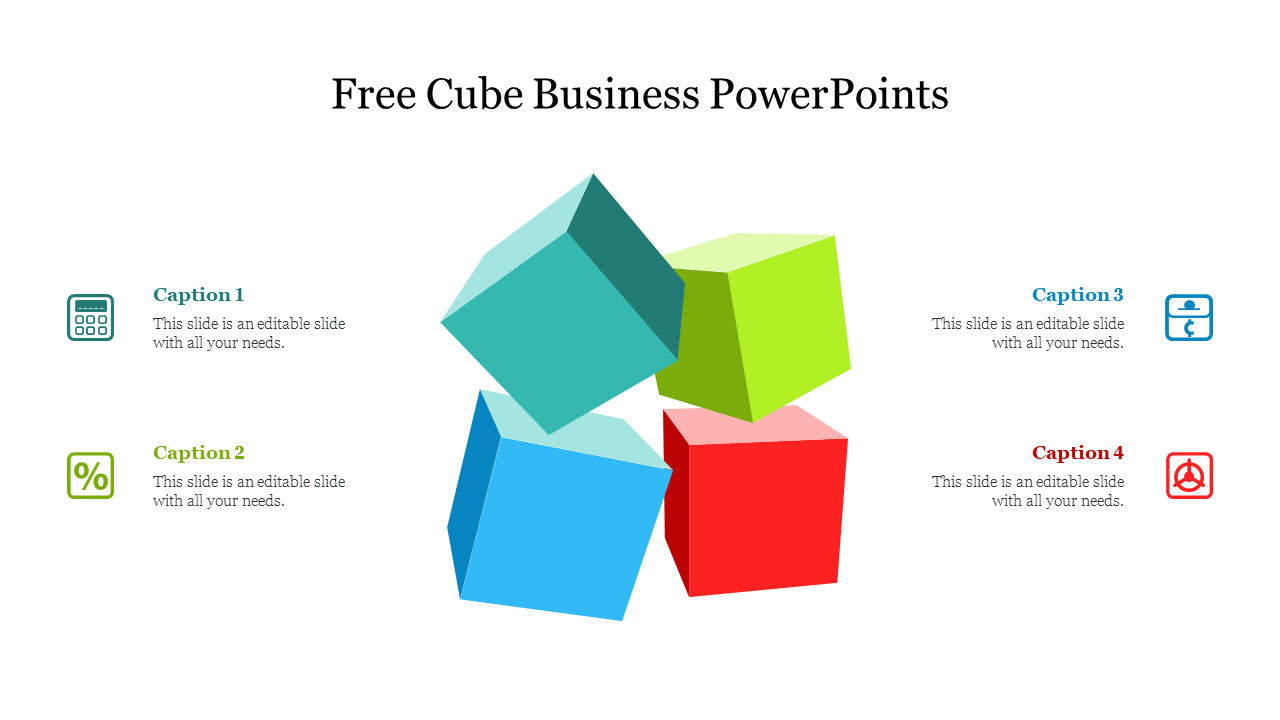 Four floating cubes in shades of blue, green, red, and teal, arranged in a dynamic layout with captions.