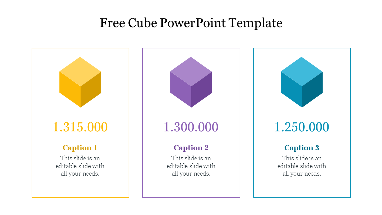 A cube PowerPoint template featuring three colorful cubes with numbers and captions on a white backdrop.