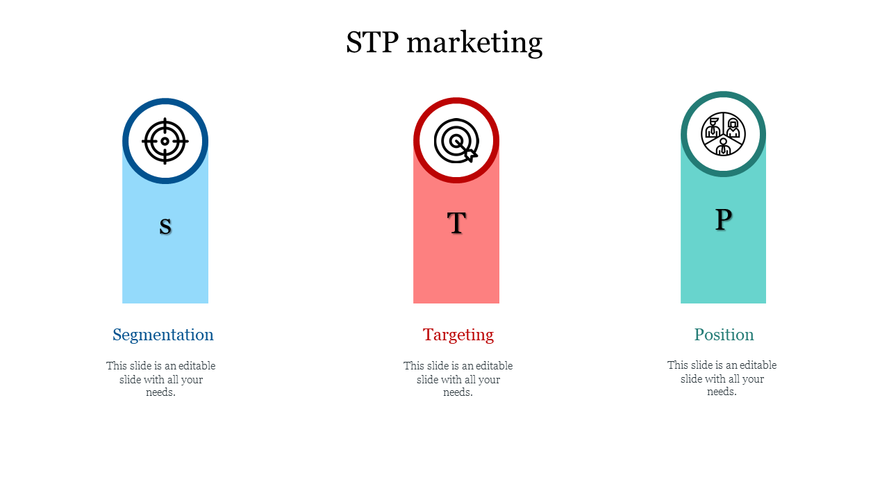 Three-step STP marketing graphic with labeled columns in blue, red, and teal showcasing key concepts.