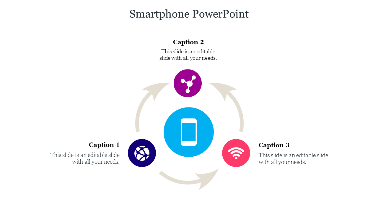 Smartphone PowerPoint template with icons symbolizing technology, networking, and communication with captions.