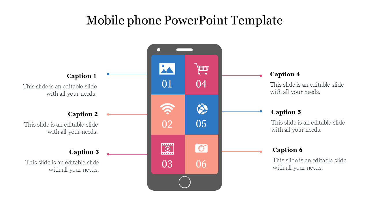 PowerPoint slide with a mobile phone layout, displaying icons for image gallery, WiFi, video, and camera in a grid.