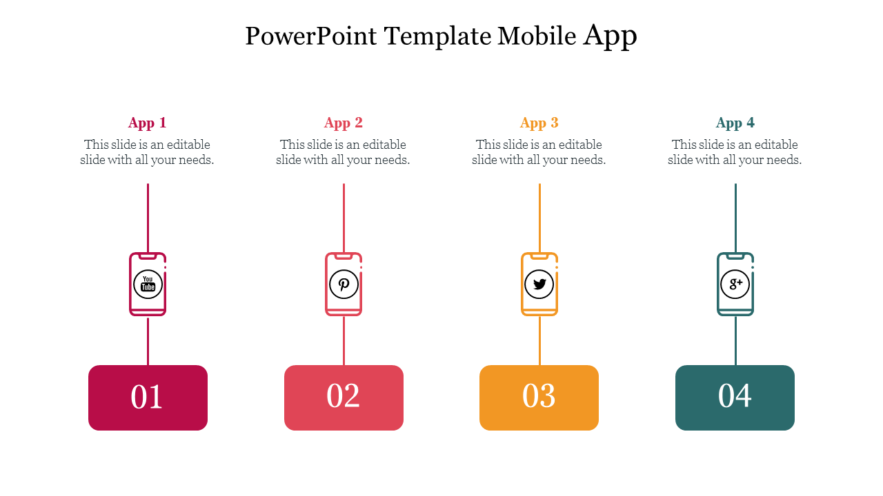 Slide displaying four colored mobile illustrations, each with app icon, and description, with a numbered box below.