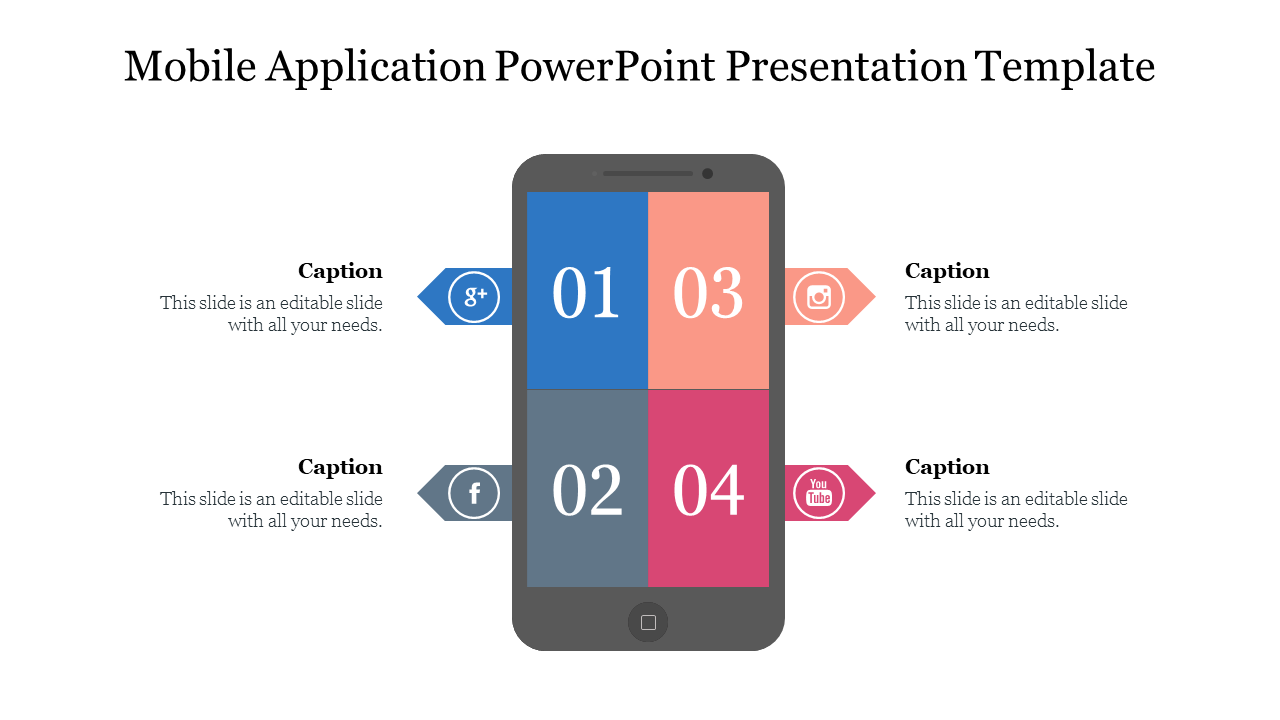 A smartphone with four numbered quadrants in blue, gray, orange, and pink connected to captions with social media icons.