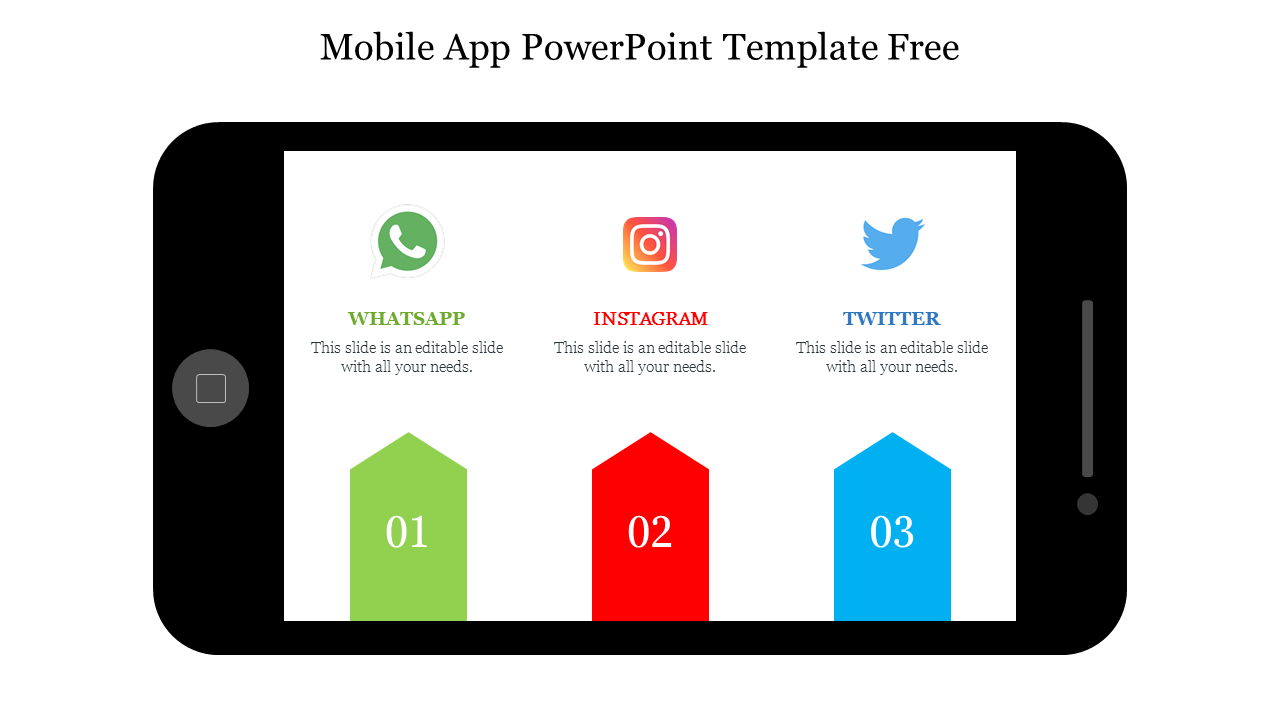 Mobile app template with a phone graphic and three colorful sections for popular social media platforms.